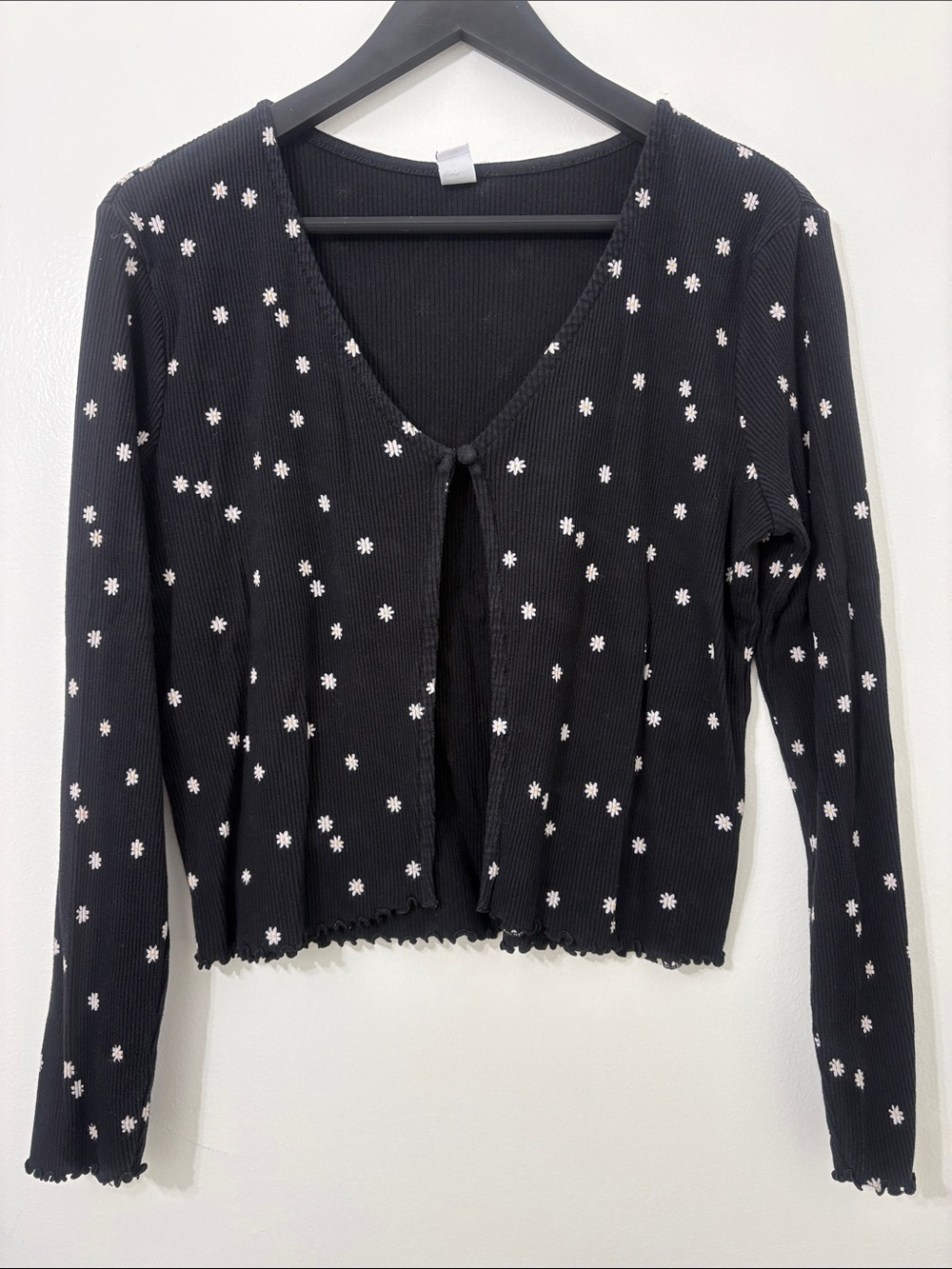 Old Navy Open Front Single Button Long Sleeve Cardigan Black w/ Flower Print